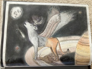 An animal that is a combination of a wolf, a lion, an eagle, and a deer, standing on the rings of Saturn.