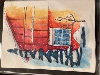 Watercolor barn and snowy evergreen tree