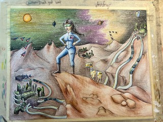Female astronaut with robot dog on cliff on Mars, overlooking a high-tech settlement.