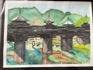 Watercolor and pen drawing of traditional Chinese bridge
