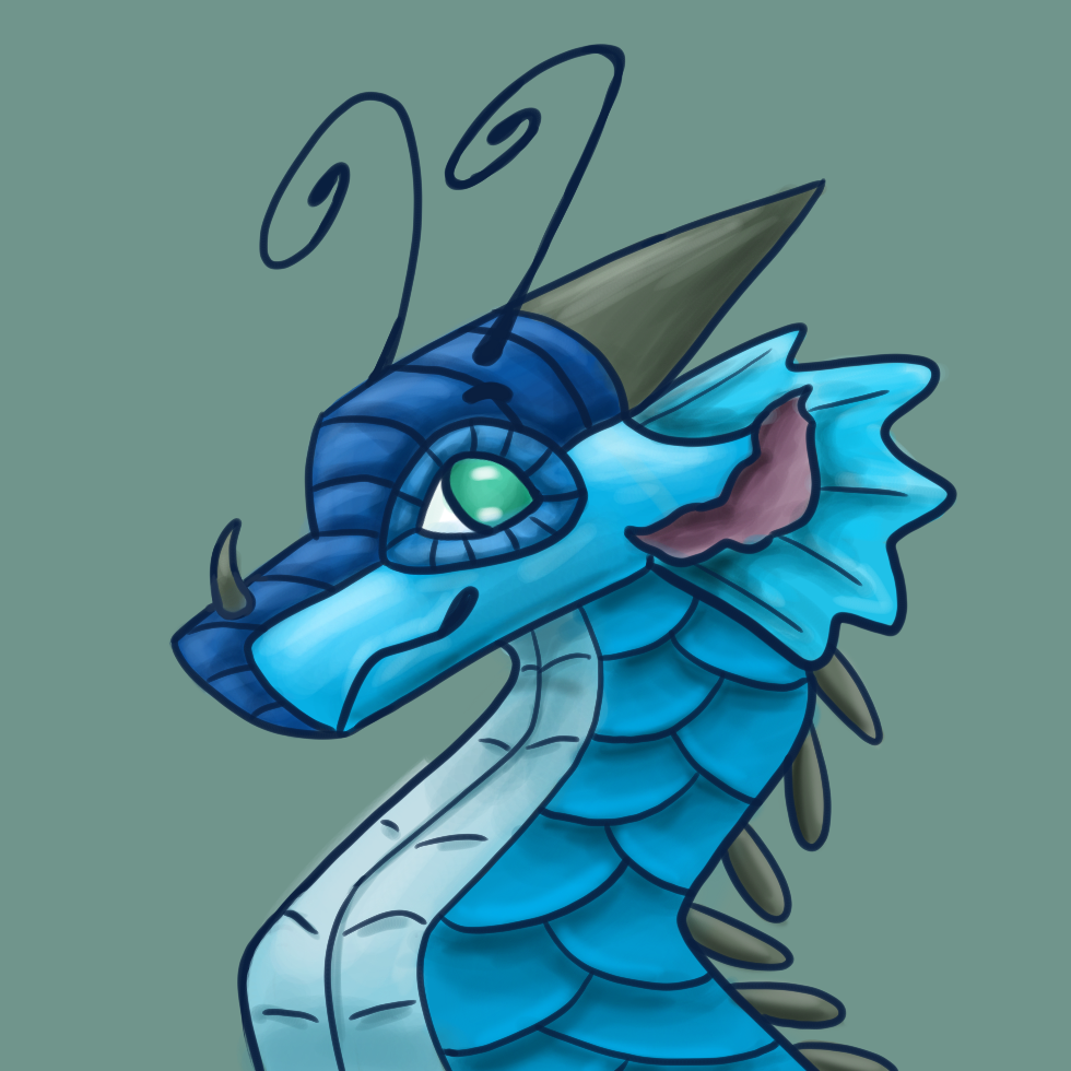 A drawing of a blue dragon with antennae and a ruff behind ears.